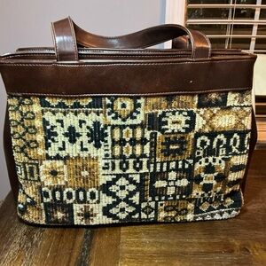 Vintage Tapestry & Leather Tote Bag – Southwestern Carpet Design, Boho Briefcase